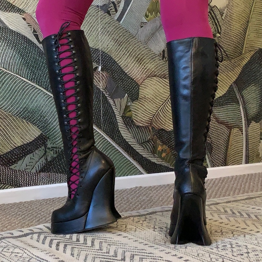 Collectors Item: Fluevog Grand National Corset Boots black/red (renewed listing)